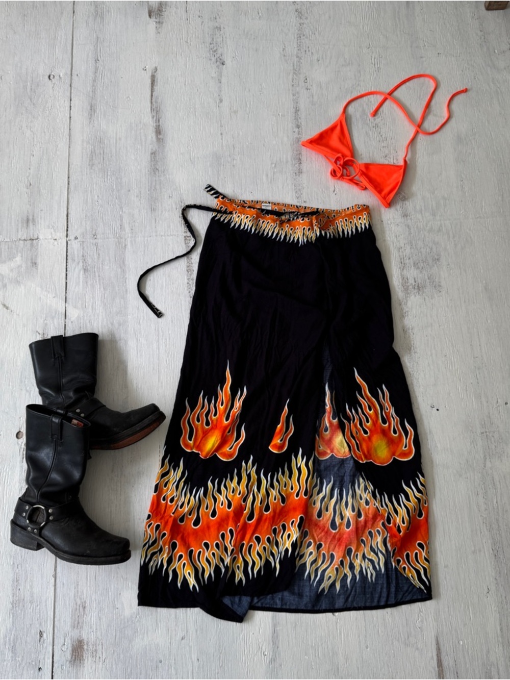 Vintage Flame Sarong Skirt Y2K Fire Print Wrap beach Skirt Festival 100% Rayon